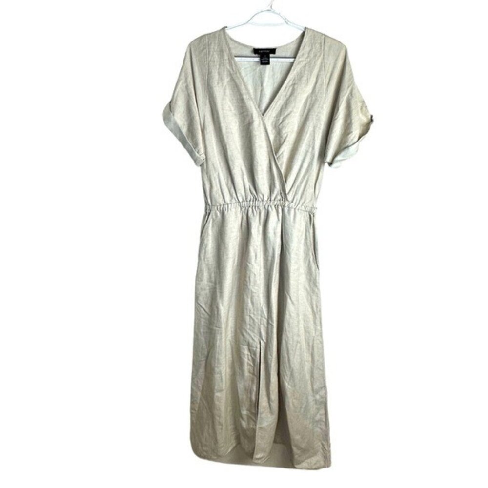 Ladies Beige Midi Wrap Dress With Elastic Waist & Pockets Short Sleeve Lightweig
